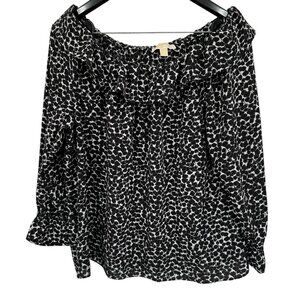 Michael Kors Womens XL Top Off Shoulder Black  White floral Print Ruffle 3/4